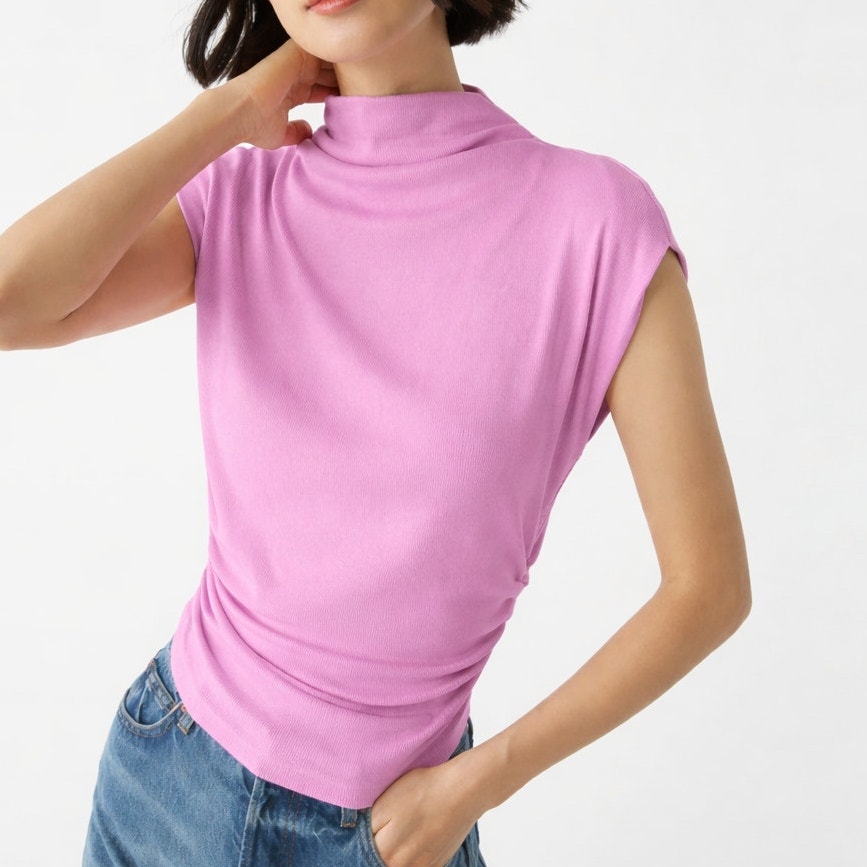 New Michael Stars Womens Amara Power Pink Shoulder Tee Medium Mock Neck Ribbed